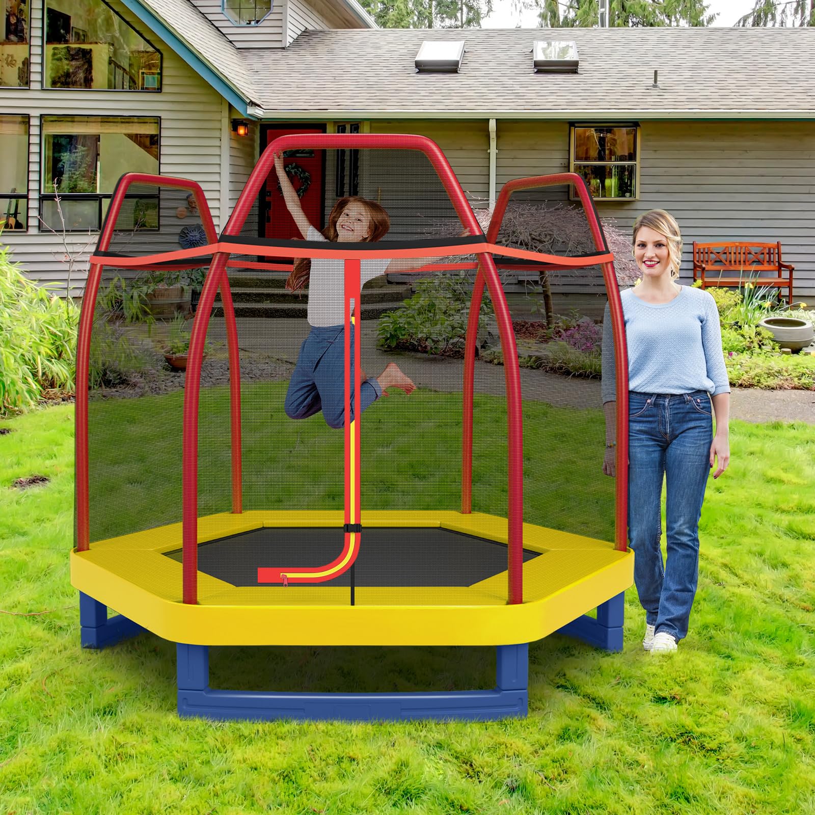 COSTWAY Cama Elástica 223 cm para Niños con Red de Seguridad y Almohadilla de Muelle, Trampolín para Interior y Exterior con Estructura en Acero Galvanizado, Carga Máxima 45 kg