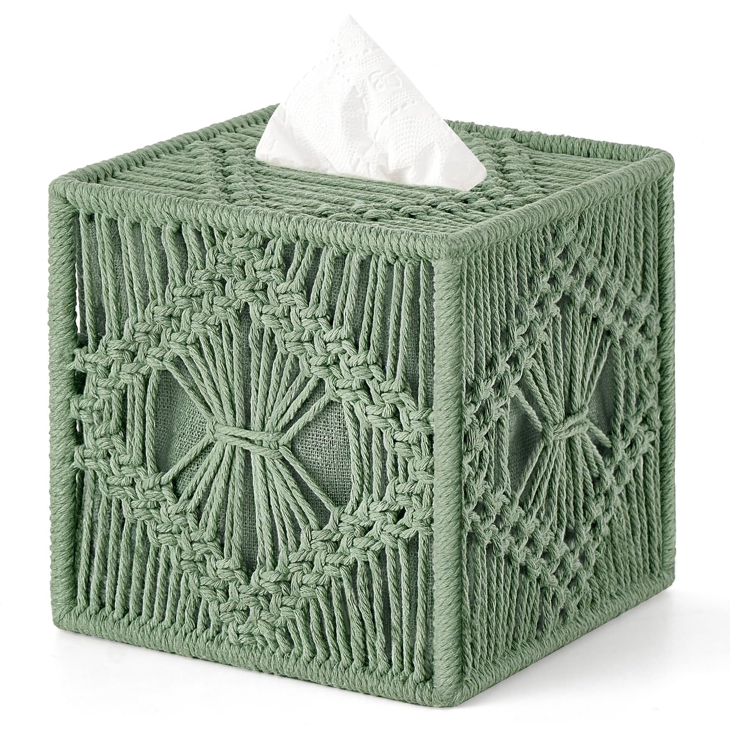 Mkono Tissue Box Cover Square, Boho Macrame Decor Open-Bottom Holder, Green | Facial Tissue Organizer, Decorative Cube Box, Chic Hand-Woven, Bedroom Bathroom Vanity Dresser Living Room Office Dorm