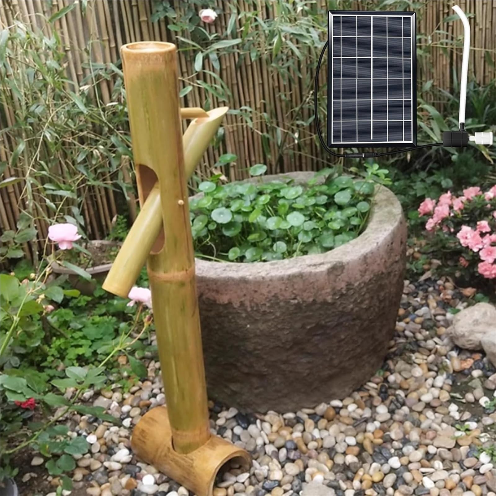 Fontana a bilanciere tradizionale giapponese, kit fontana solare in bambù | Con pompa 'acqua solare, fontana Zen da esterno for giardino, patio o cortile