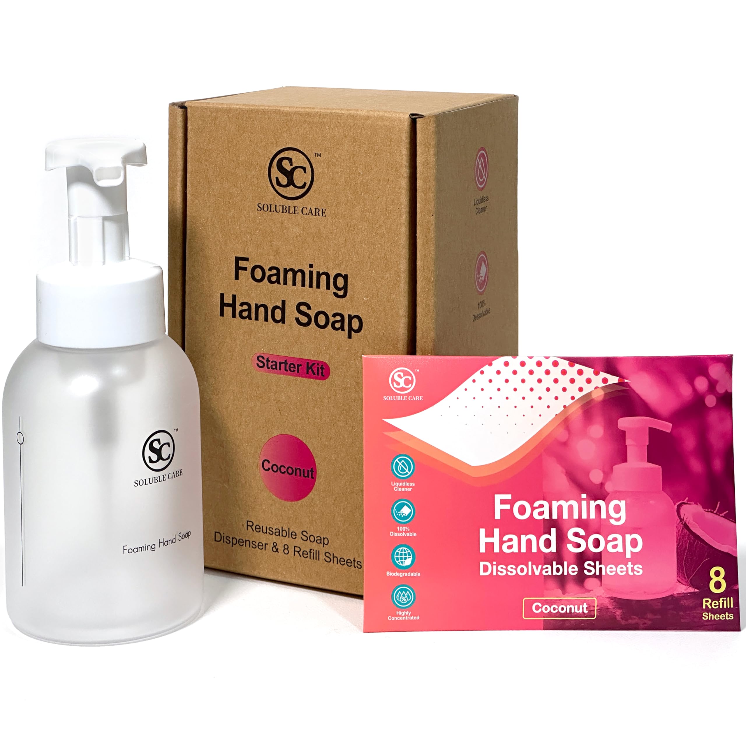 Soluble Care: Foaming Hand Soap Dissolvable Sheet Starter Kit | Includes 8 oz. Foaming Dispenser & 4 Full Bottle Refills – Sustainable, Earth-Friendly Cleaning Solution – Coconut Scent