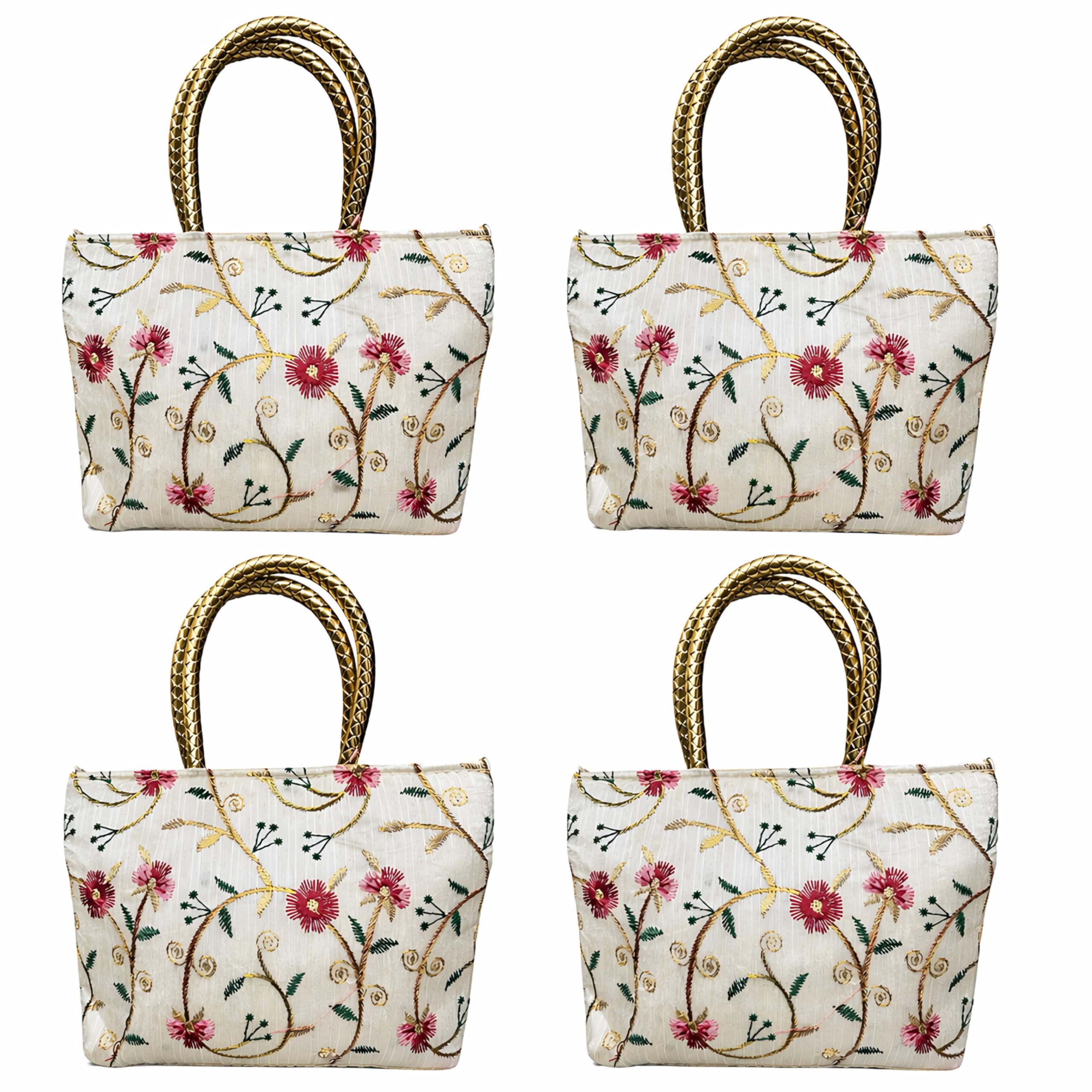 Sainik Floral Embroidered Handbag with Gold Handles, Zip Closure, White, Pack of 4-image-22