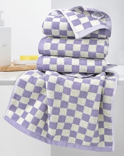 Miniatura 4 de Juego de toallas de mano para baño, habitación de huéspedes y hogar, juego de toallas de mano 100% algodón, estampado a cuadros lila, extra suave,
