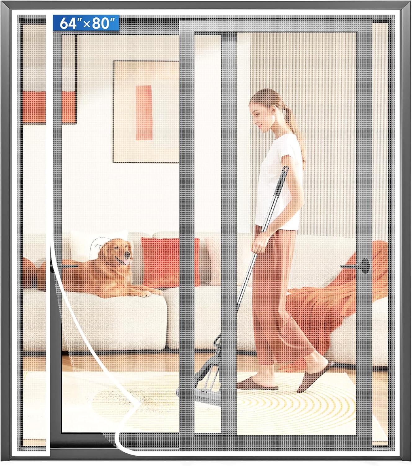Magnetic Screen Door Left Right Side Opening Upgraded PET Mesh Greater Than Fiberglass and Polyester,Keep Bugs Out,Pet & Kid Friendly,Suitable for Sliding Doors,Patio French Doors-64" X 80"