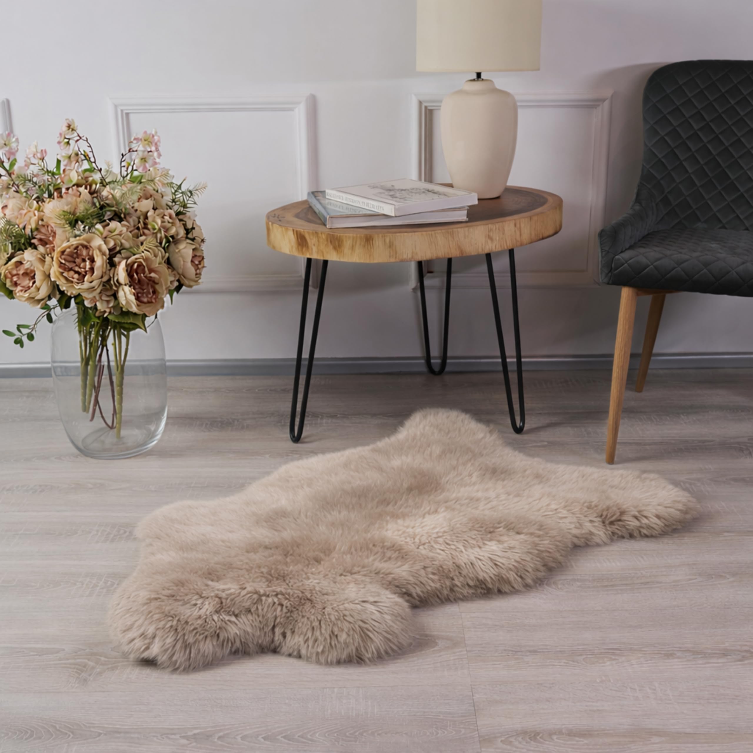 Piel de cordero, Alfombra Suelo, Piel de oveja, inodoro, suave y esponjosa, varios tamaños, calidad natural, ideal como colcha, base en el cochecito (beige, 120 x 130 cm)