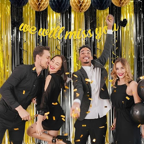 Miniatura 4 de Paquete de 2 decoraciones de fiesta negras y doradas, cortina de flecos de lámina dorada de 3.3 x 8.2 pies, telón de fondo de oropel negro,