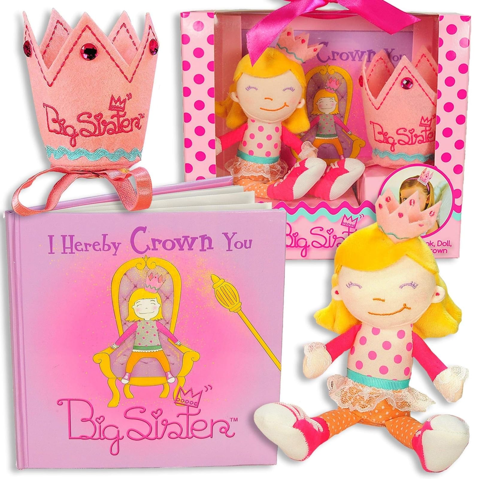 Tickle & Main Big Sister Gift Set- I Hereby Crown You Big Sister Book, Doll, and Child Size Crown