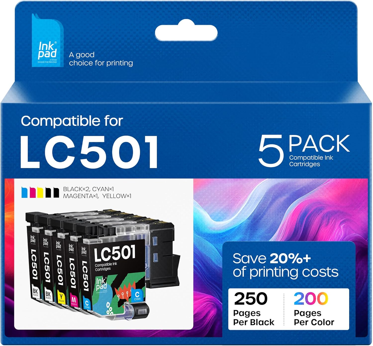 Compatible with LC501 Ink Cartridges for Brother Printer LC 501 Ink Cartridges Replacement for MFC-J1360DW, MFC-J1410DW, MFC-J1260DW Series Printer 5-Pack