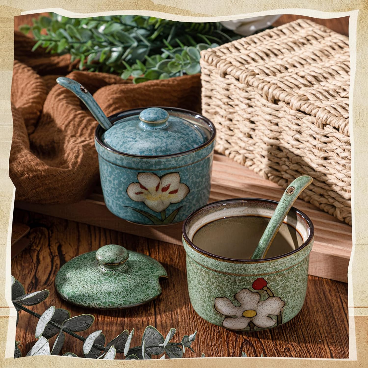 2 Pack Retro Hand Painted Flower Ceramic Salt Pepper Cellar with Lid and Spoon, Heavyweight Round Sugar Spice Containers Porcelain Jar for Housewarming Gift, Artisan Kitchen Decoration