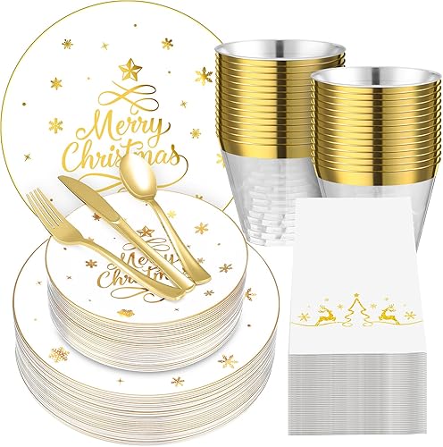 Juego de vajilla de plástico de 210 piezas, suministros de fiesta de Navidad, platos de plástico desechables de Navidad, tazas, servilletas,