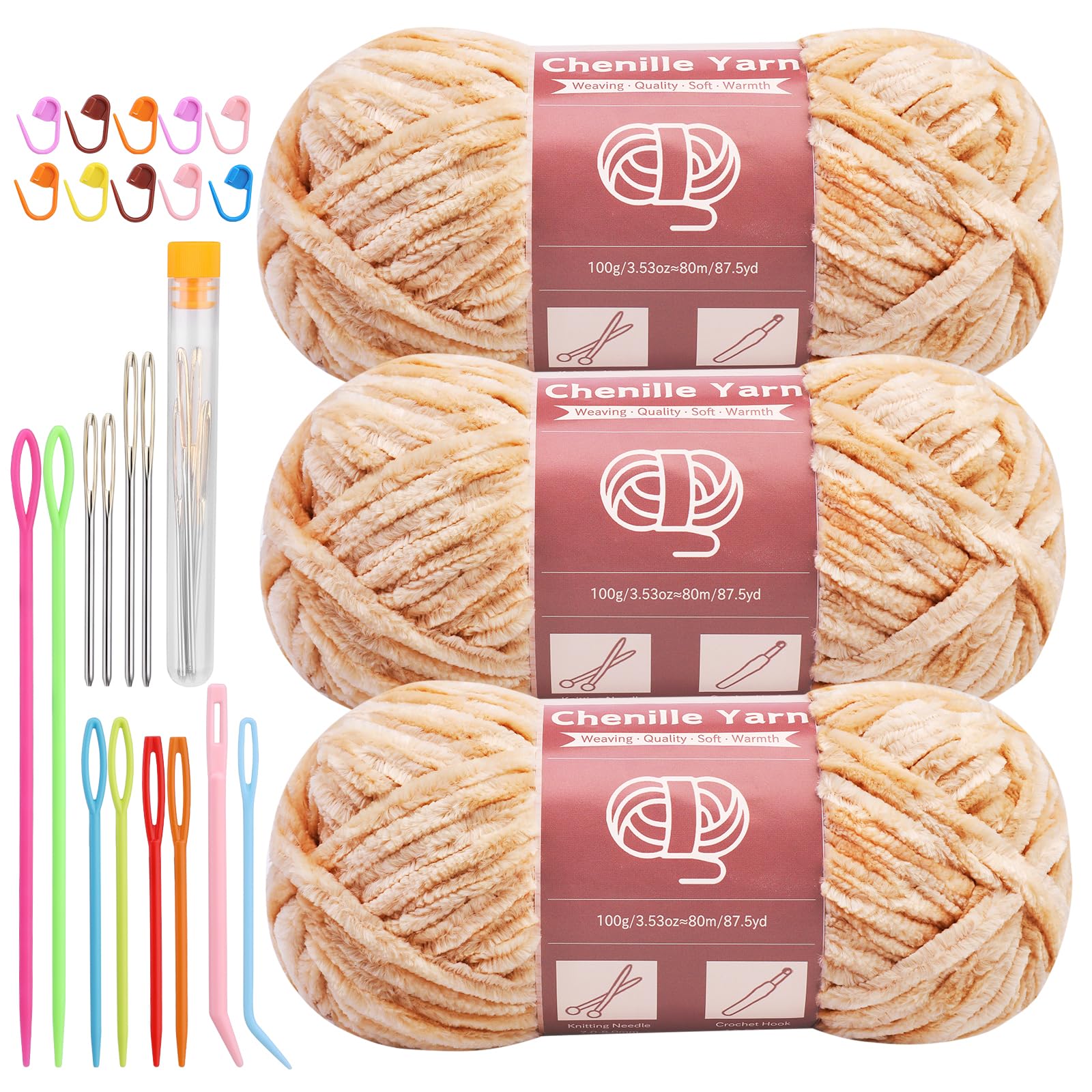 LUNARM Chenille Yarn 3 Pack 3.5oz Chunky Blanket Velvet Yarn 263 Yard | Light Brown Chunky Chenille Yarn for Beginners Crocheting Hand Knitting Scarves with Big Eye Needles Machine Washable
