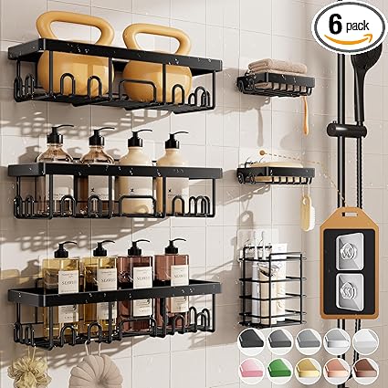 Veken Rustproof & Waterproof Shower Caddy 6-Pack, No Drilling Adhesive Shelves Rack with Soap Holder, Large Capacity Bathroom Organizers and Storage, Wall-Mounted Kitchen & Home Decor