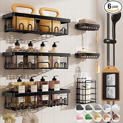 Veken Rustproof & Waterproof Shower Caddy 6-Pack, No Drilling Adhesive Shelves Rack with Soap Holder, Large Capacity Bathroom Organizers and Storage, Wall-Mounted Kitchen & Home Decor