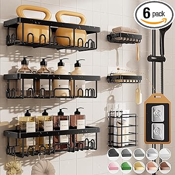 Veken Rustproof & Waterproof Shower Caddy 6-Pack, No Drilling Adhesive Shelves Rack with Soap Holder, Large Capacity Bathroom Organizers and Storage, Wall-Mounted Kitchen & Home Decor