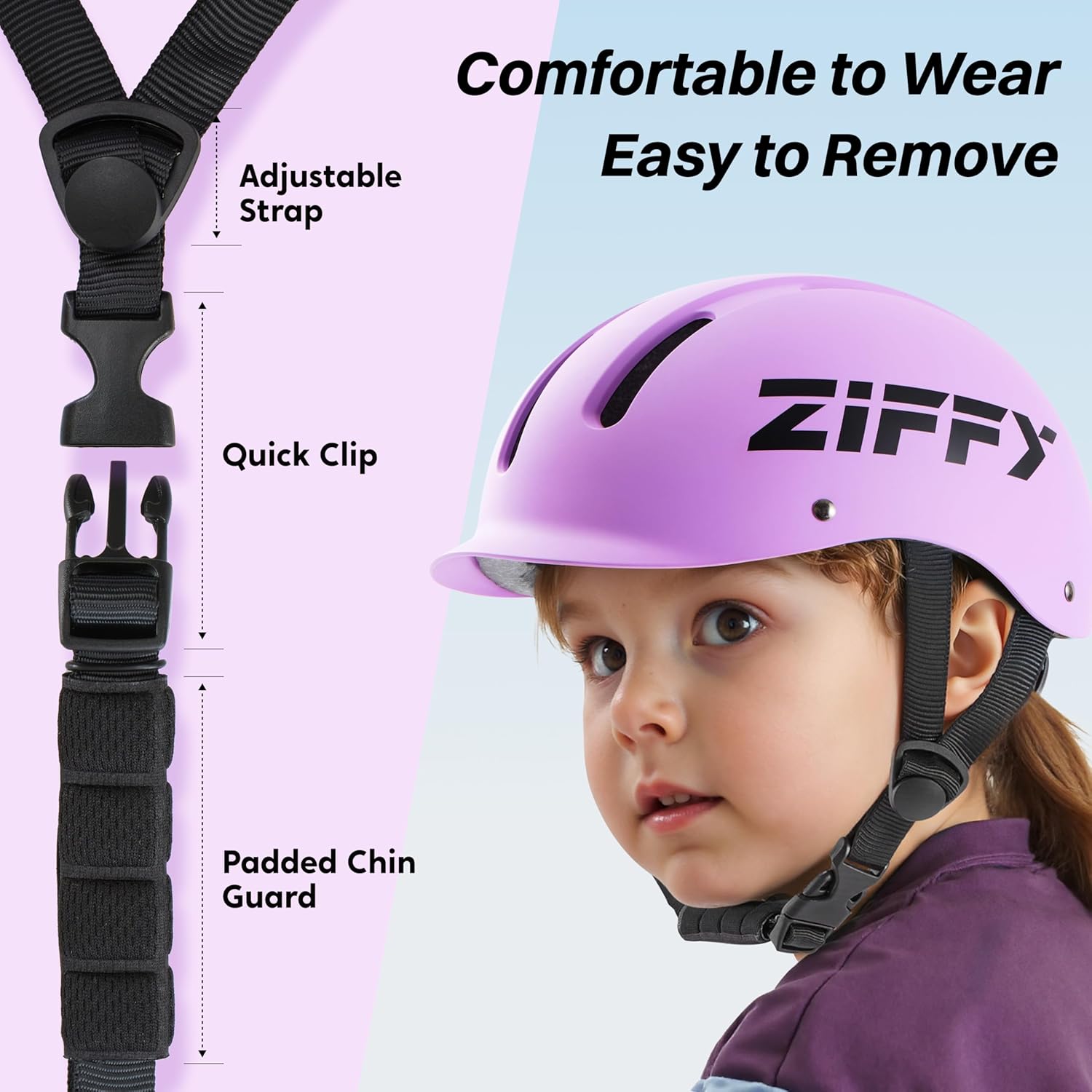 ZIFFY 3 Wheel Scooter for Kids 3-5 and Toddler Bike Helmet Set, Purple LED Light-Up Scooter with 5 Height Adjustments & Protective Helmet with Washable Liner, Purple
