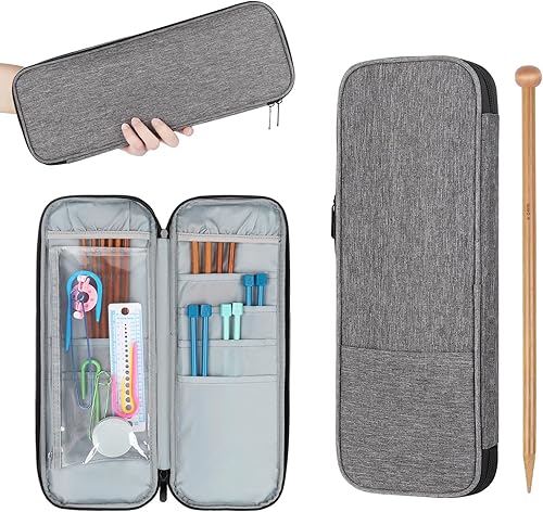 Katech Estuche portátil para agujas de tejer, ganchos de ganchillo, bolsa de almacenamiento, bolsas vacías con cremallera con bolsillo transparente