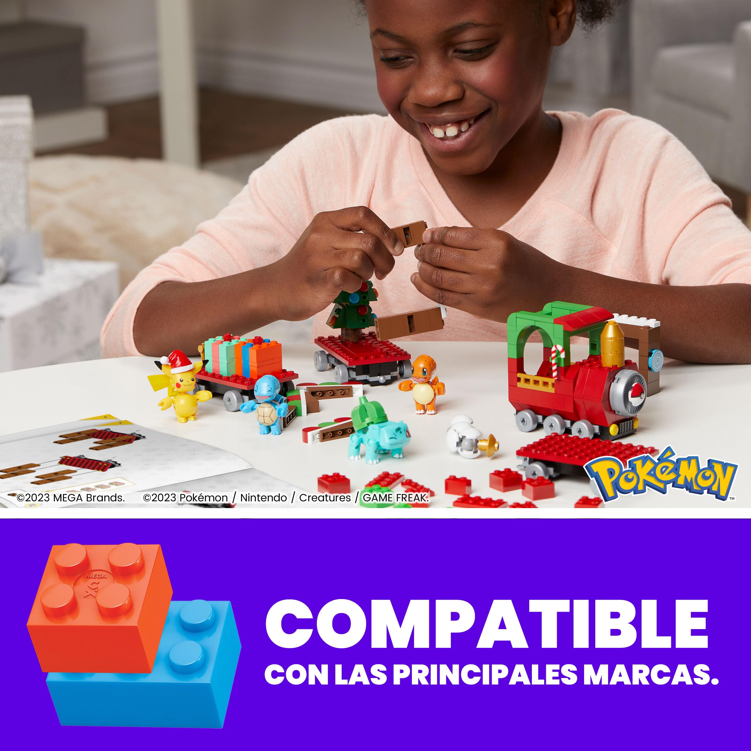 Mega Pokémon Tren Festivo Juguetes de construcción con 4 Figuras articuladas, 373 Piezas, Idea de Regalo para niños y niñas, HHP69