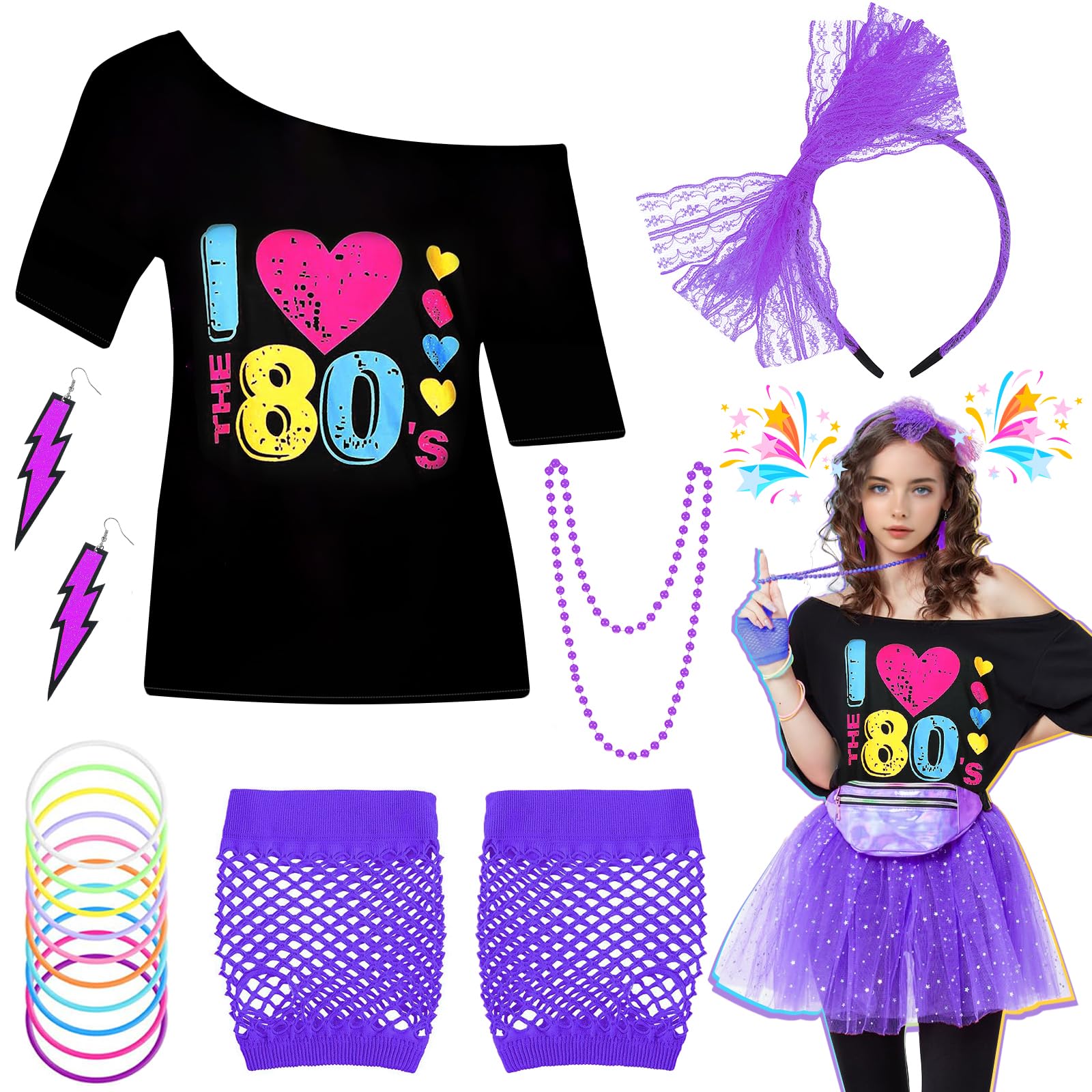 6PCS 80s Costume Accessories Set for Women, 1980s Fancy Dress with T-shirt Headband Lightning Earrings Necklace Bracelet Mesh Sleeve 80s Outfit for Retro Theme Party Cosplay Dress Up (Purple, S)