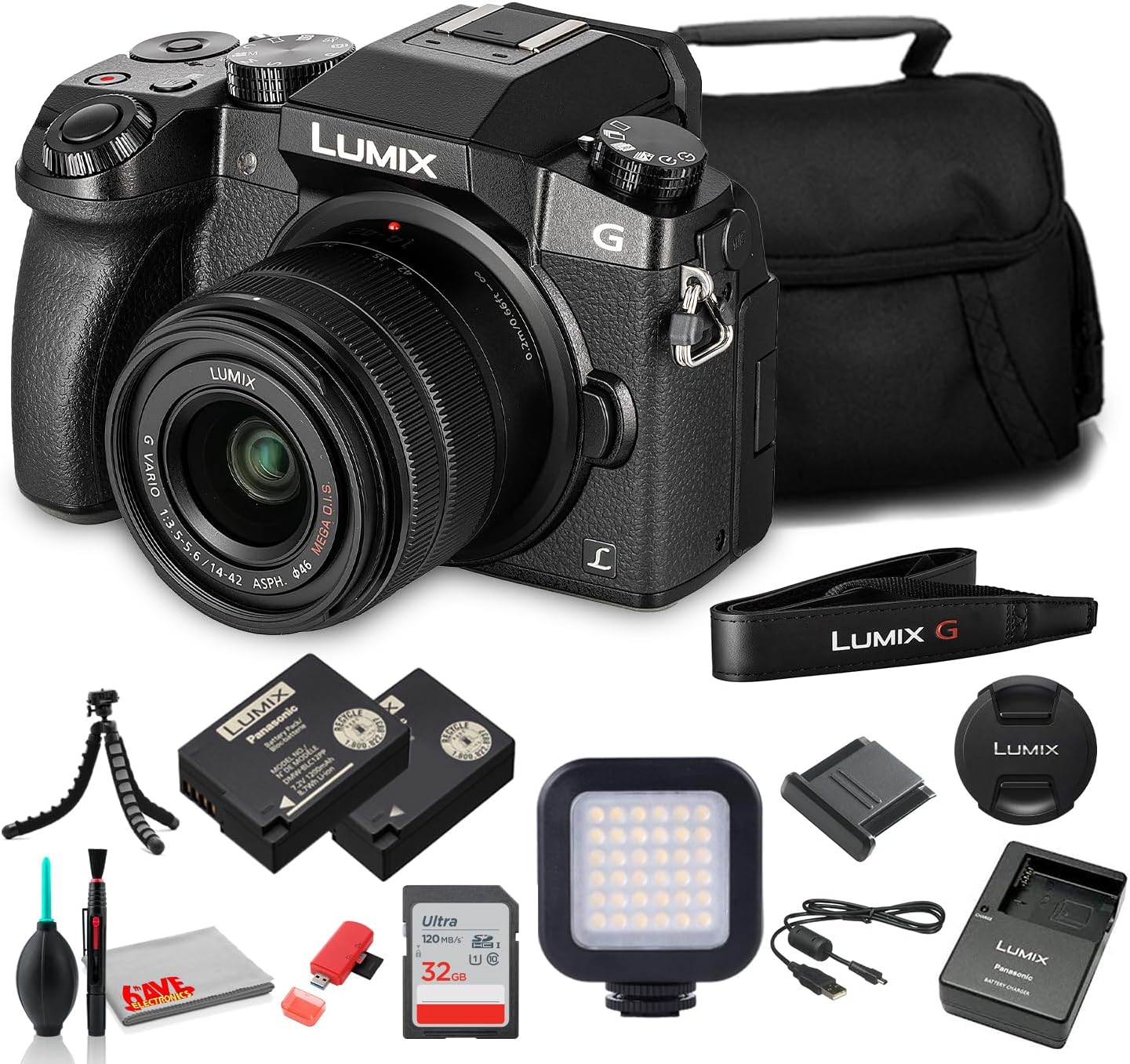 Panasonic Lumix DMC-G7 Mirrorless Digital Camera with 14-42mm Lens (Black) (DMC-G7KK) with LED Light + DMW-BLC12 Battery + 32GB Memory Card + Soft Bag + 12 Inch Tripod + More