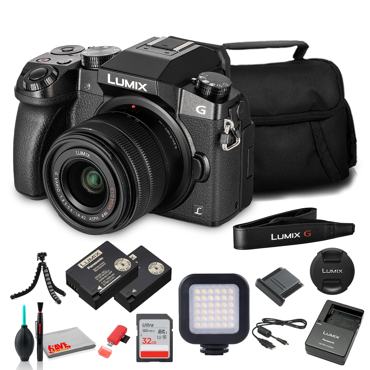 Panasonic Lumix DMC-G7 Mirrorless Digital Camera with 14-42mm Lens (Black) (DMC-G7KK) with LED Light + DMW-BLC12 Battery + 32GB Memory Card + Soft Bag