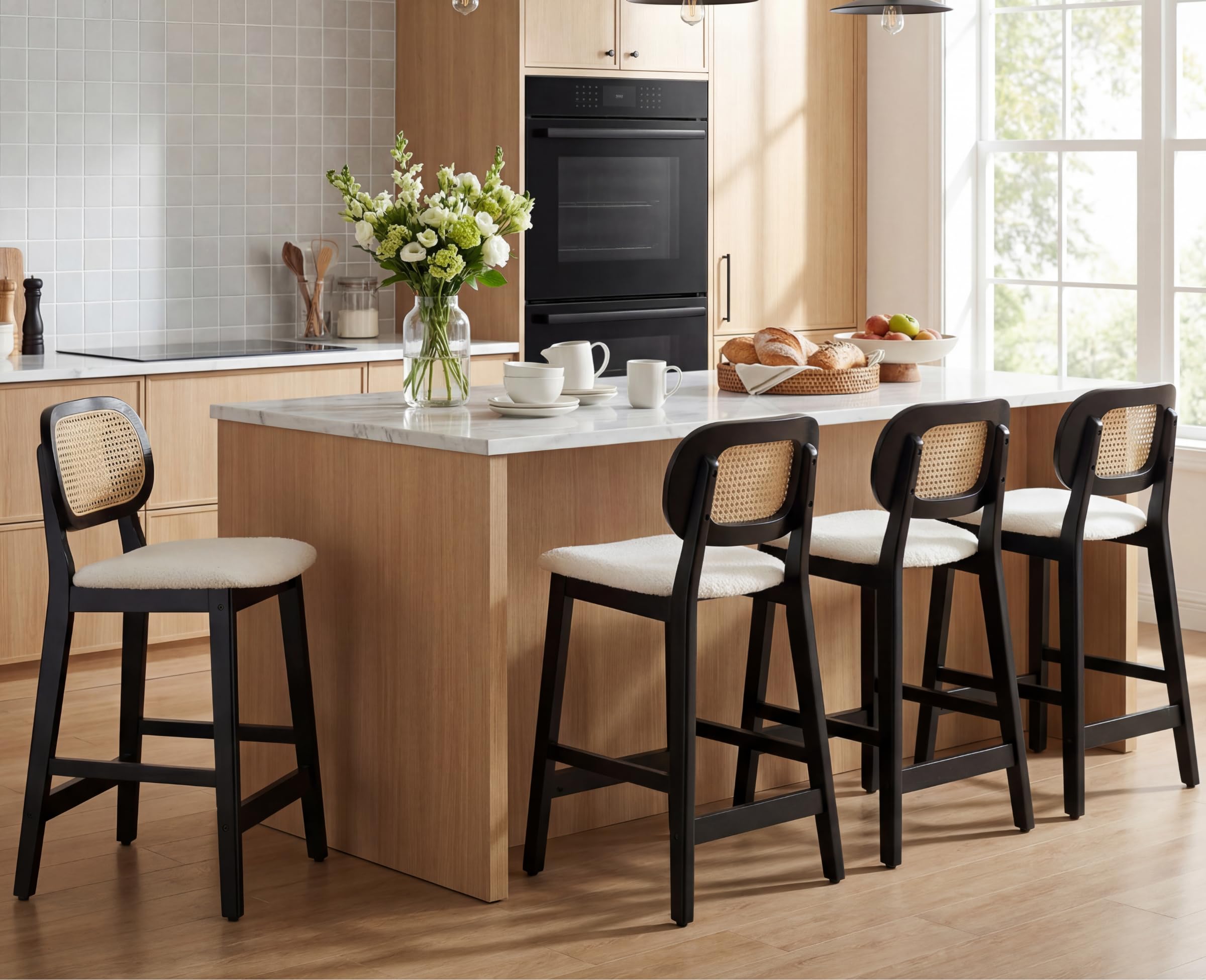 EALSON Counter Height Bar Stools Set of 4 Rattan Back Farmhouse Barstools Mid Century Modern Bar Chairs with Black Wood Legs Sherpa Upholstered