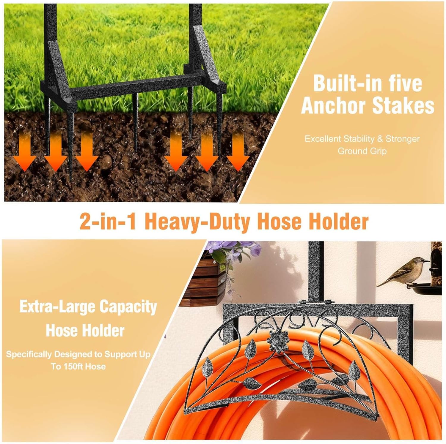 Garden Hose Holder Outside: Water Hose Stand with 2 Shepherds Hooks for Lawn Yard