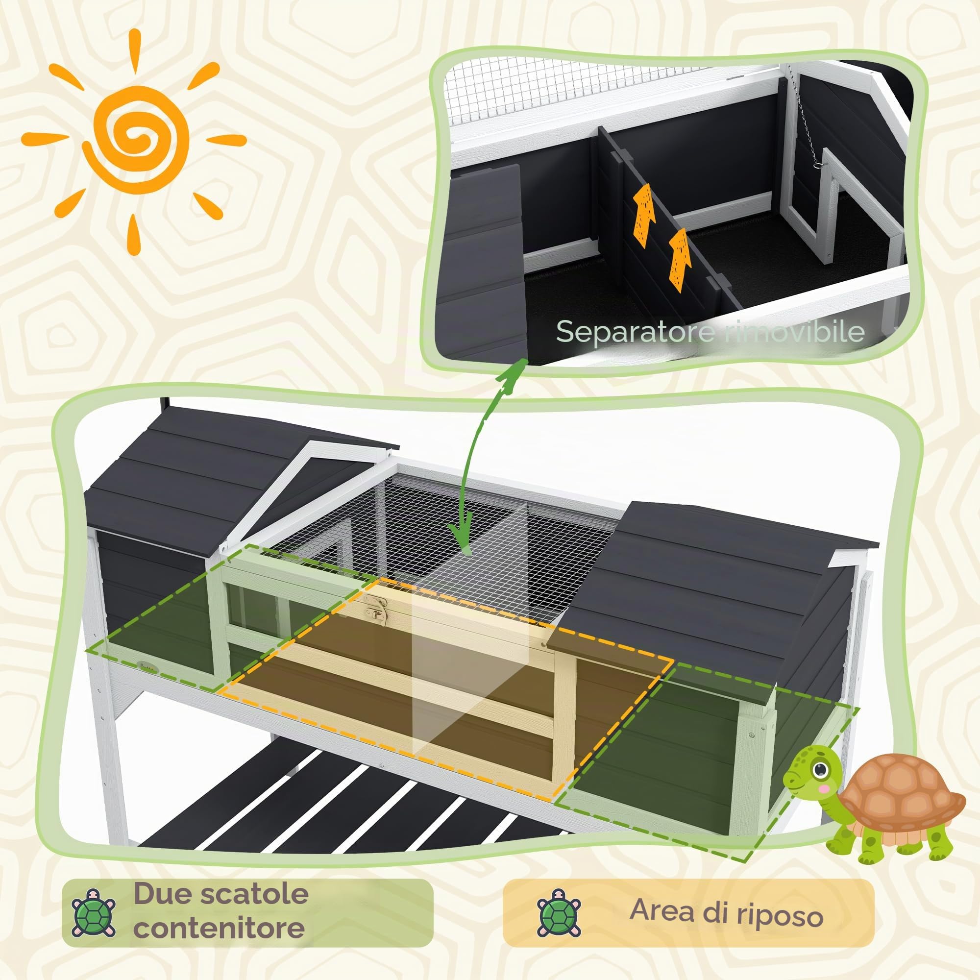 PawHut Casetta per tartarughe di terra da esterno, recinto in legno per tartarughe, 2 nicchie, portalampada regolabile, tetto apribile, gabbia per tartarughe di terra, finestra in acrilico