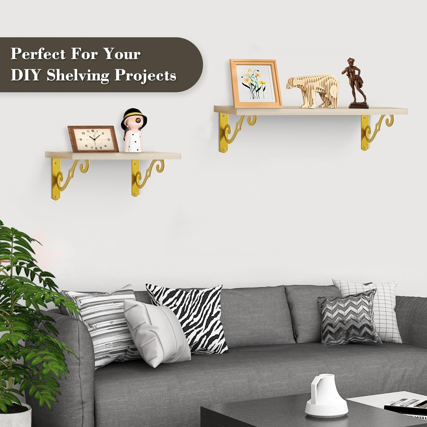 Z METNAL Decorative Shelf Brackets, Brass Metal Shelves Bracket, Gold Metal Wall Decor, Heavy Duty Modern Shelving Bracket for DIY Floating Shelves, Gold, 8pcs