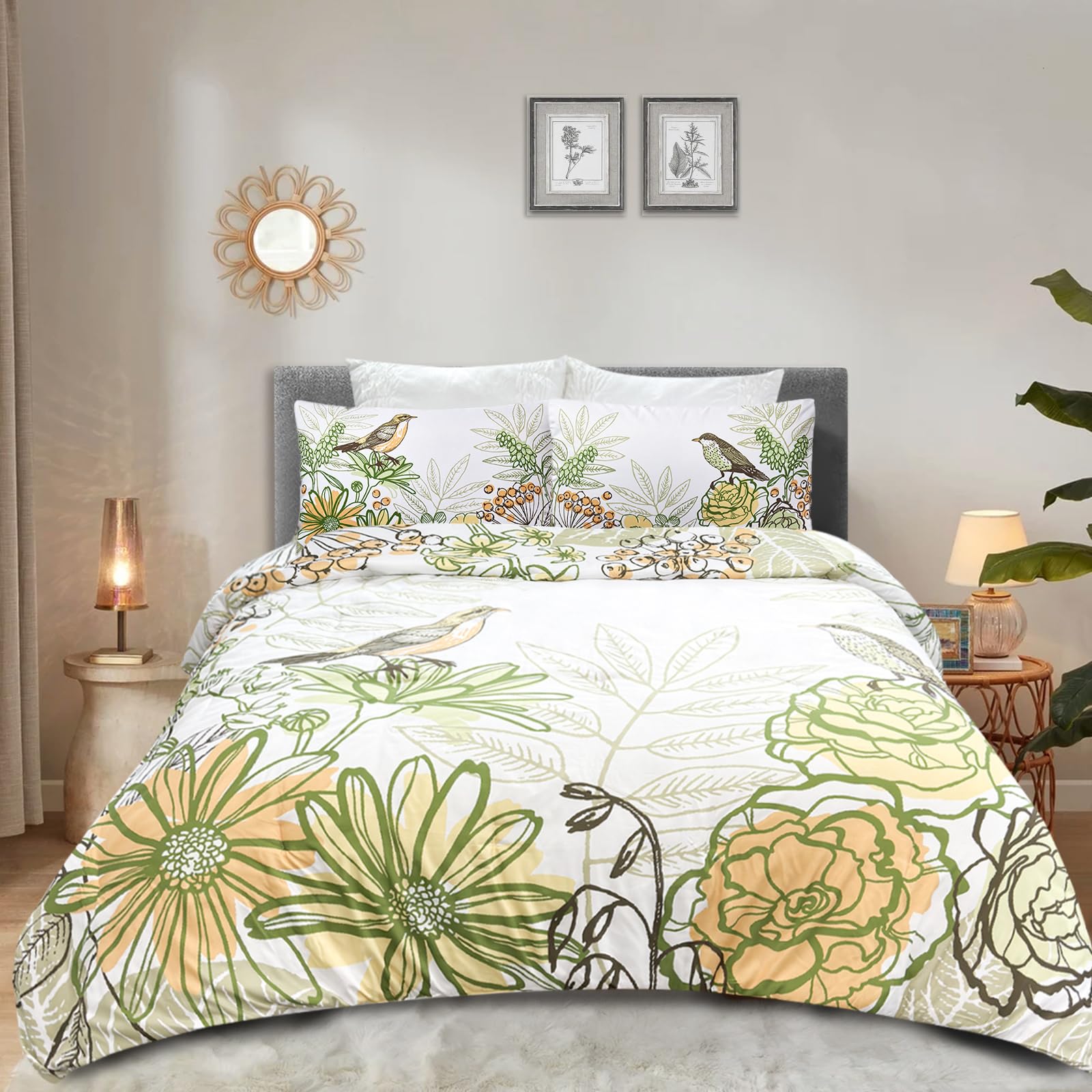 Style Quarters Duvet Cover King Size, 3 Pcs Floral Duvet Covers with Zipper Closure, 100% Polyester Bedding Set, Comforter Cover with Yellow Bird Pattern Include 1 Duvet Cover and 2 Pillow Shams
