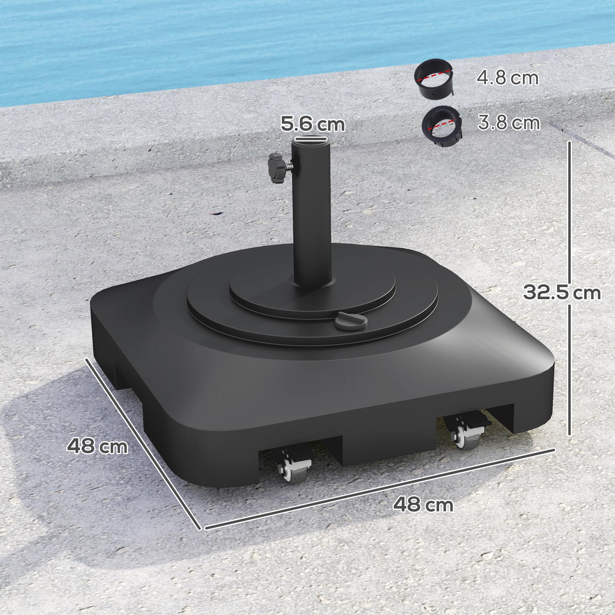Outsunny Base per Ombrellone a Rotelle con 2 Freni, Basamento per Ombrellone in HDPE con Acqua 19kg e Sabbia a 25 kg, per Pali di Ombrelloni da Ø38/48 mm, 48x48x32.5 cm, Nero
