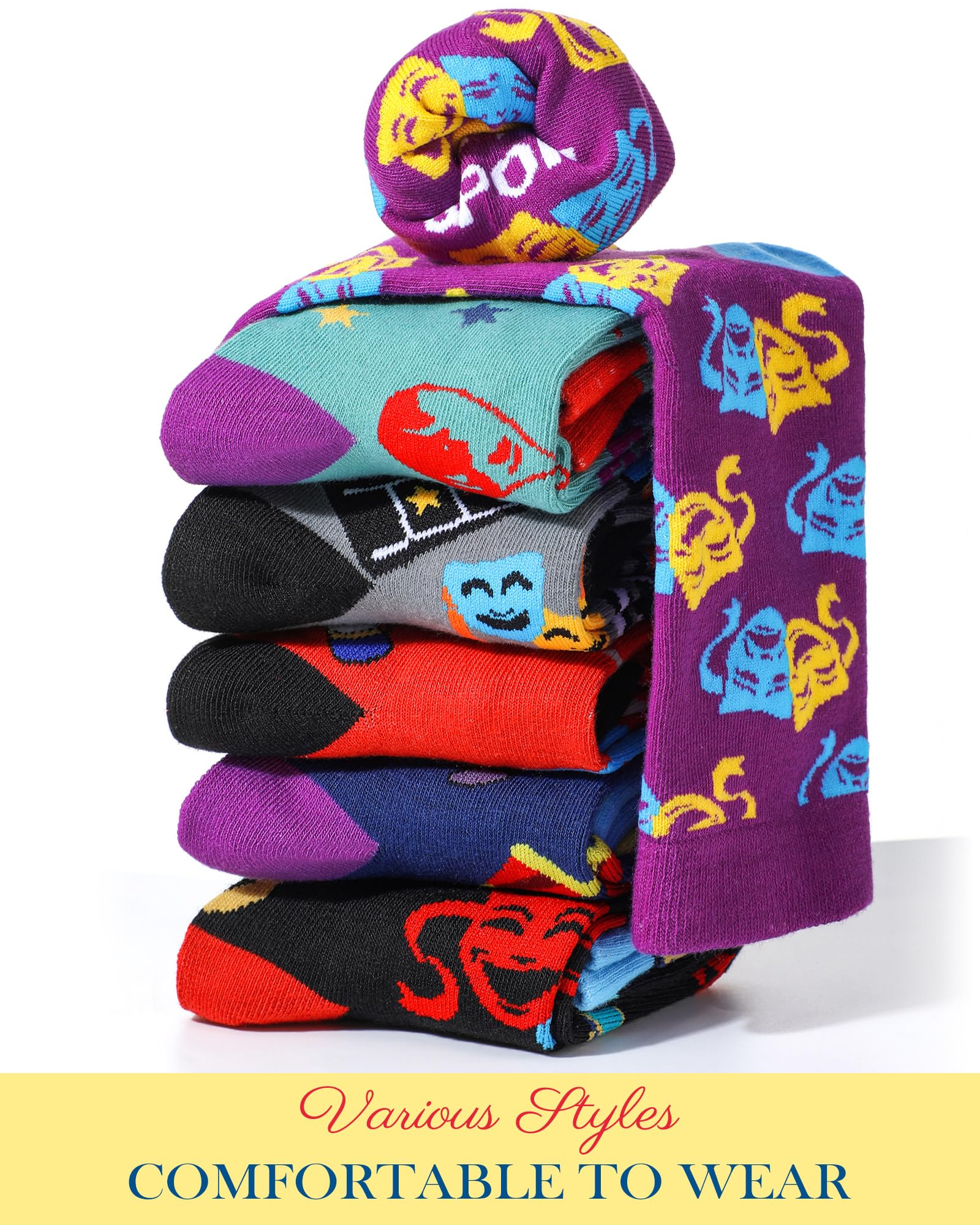 Glitopper 6 Pairs Funny Theatre Socks for Women Musical Theater Gift Crew Cotton Socks Novelty Graduation Gifts for Theatre Lovers