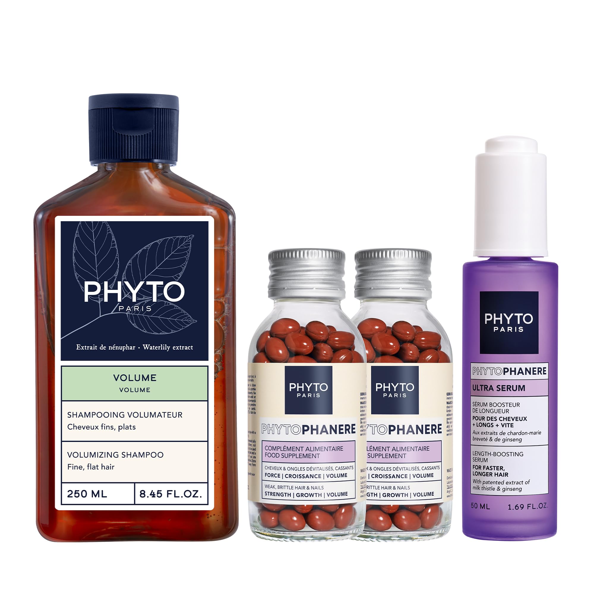 Phyto Paris – Phytophanère – Routine Croissance Complète – Complément Alimentaire Capsules + Ultra Sérum + Shampooing Volume – Cheveux Forts, Denses et Volumineux