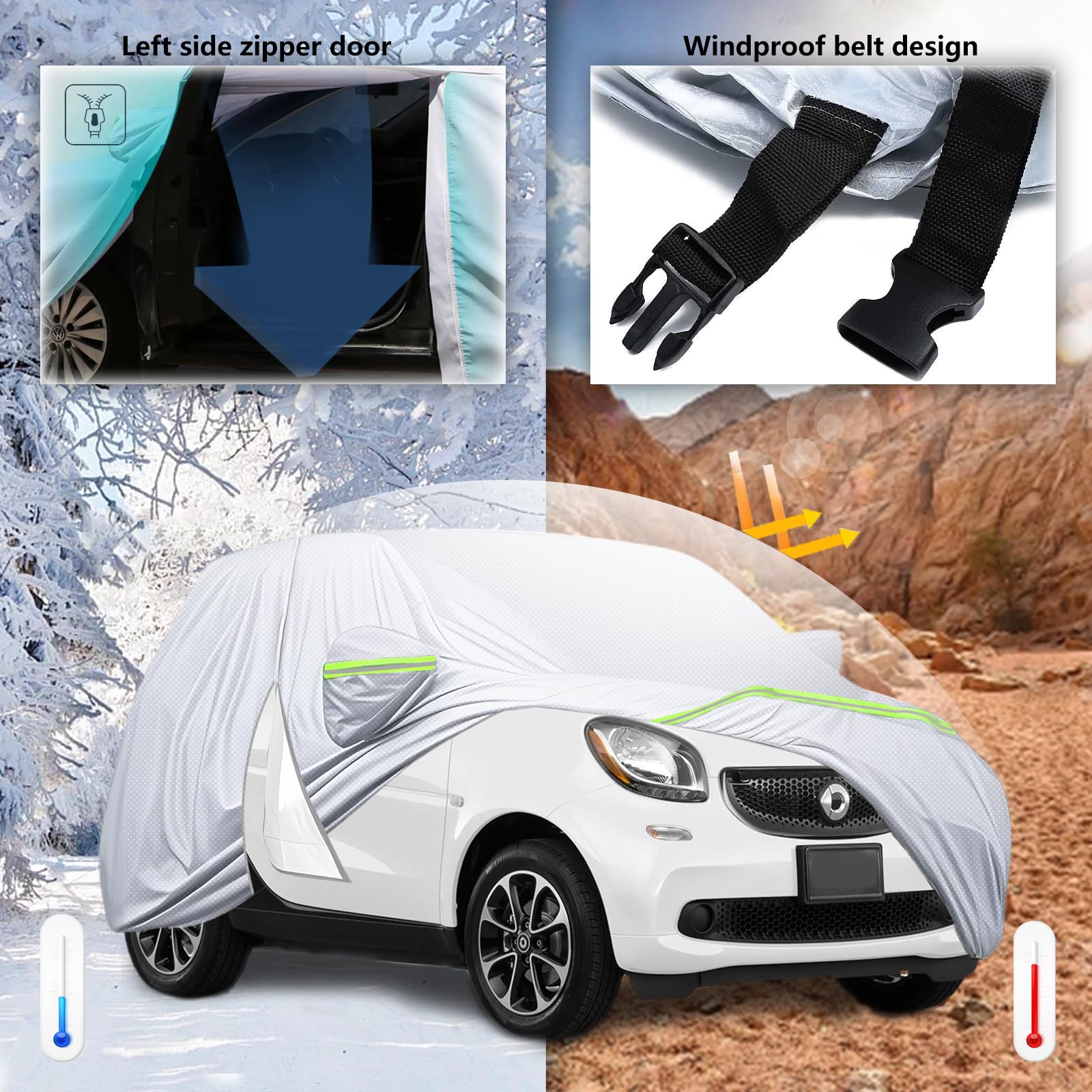 Wodoodporny pokrowiec samochodowy do Smart Fortwo 451/453 (W453) 2016-2024, całoroczny materiał Oxford DuPont z dostępem do drzwi na zamek błyskawiczny i paskami wiatroszczelnymi | Pokrowce na