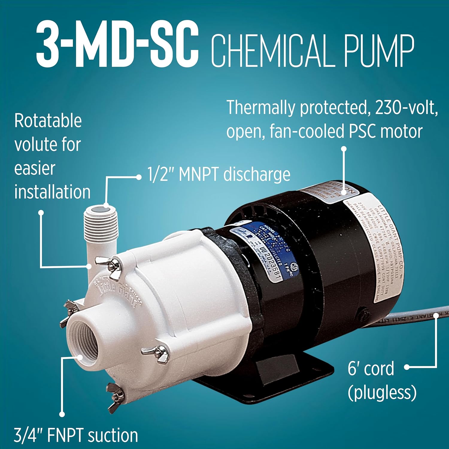 Little Giant 230 Volt, 1/12 HP, 750 GPH 3-MD-SC Non-Submersible Magnetic Drive Pump for Semi-Corrosive Chemicals, 6-Foot Cord (Plug-less), Black/White, 581513