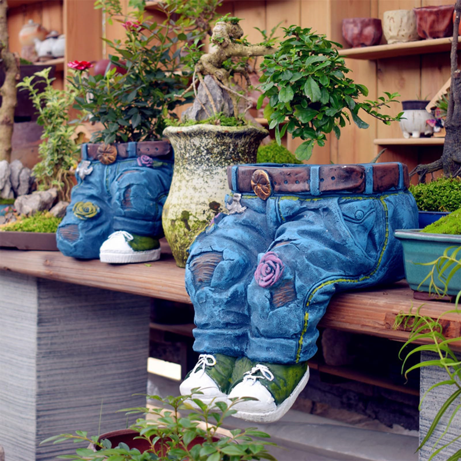 Mezclilla Jeans Macetas para plantas de jardín Macetas Retro Jeans Maceta de resina Vaquera, Maceta creativa de mezclilla, Diseño creativo en estilo retro Figura de jardín para interiores y exteriores