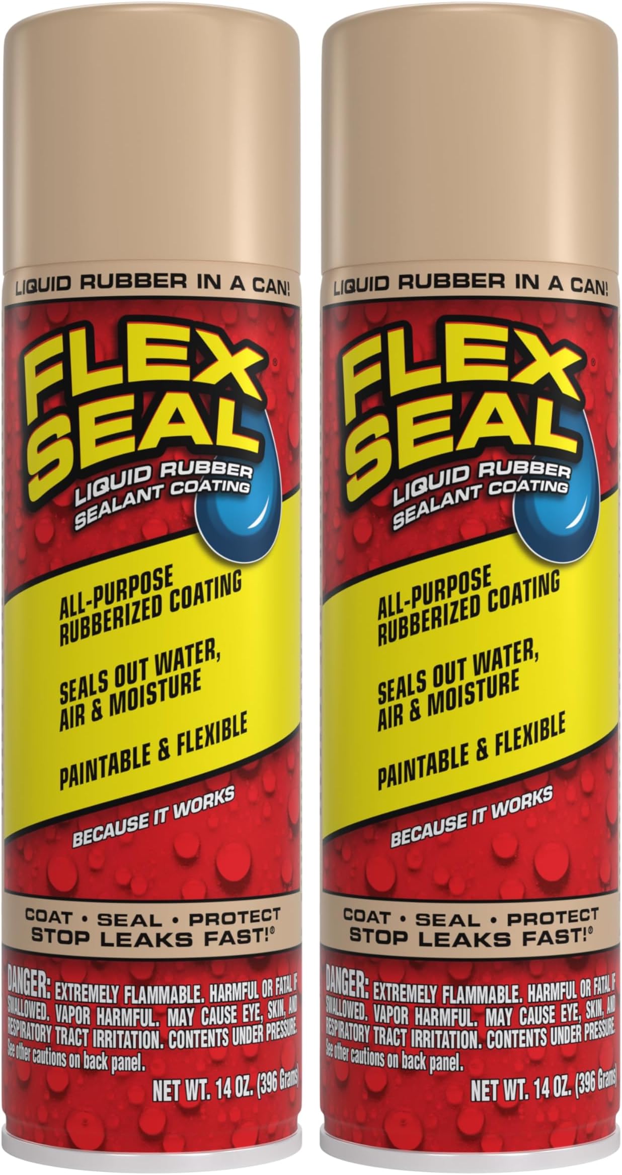 14 oz, 2-Pack, Almond, Stop Leaks Instantly, Waterproof Rubber Spray On Sealant Coating, Perfect for Gutters, Wood, RV, Campers, Roof Repair, Skylights, Windows, and More