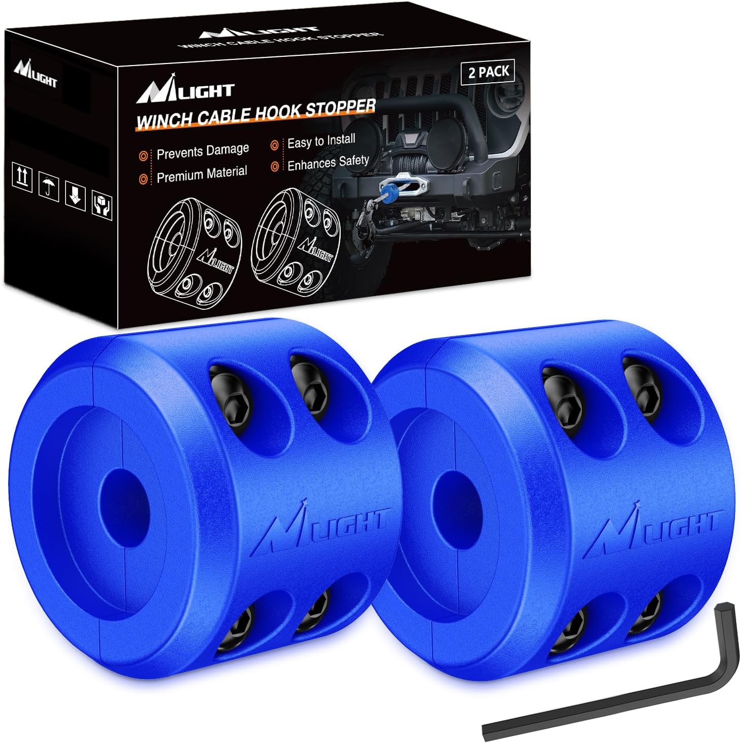 Nilight Winch Stopper for ATV UTV Truck SUV Winch Cable Hook Rubber Stopper 2 Pack Protect Towing Hook Synthetic Rope Winch Accessories Rope Line Saver with Stainless Steel Screws Allen Wrenc, Blue