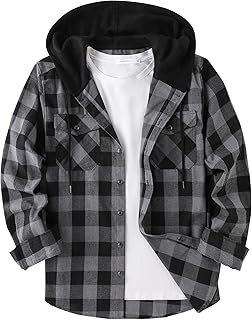 Casual Plaid Flannel Hoodie Shirt Jacket with Button Down Style and Pockets