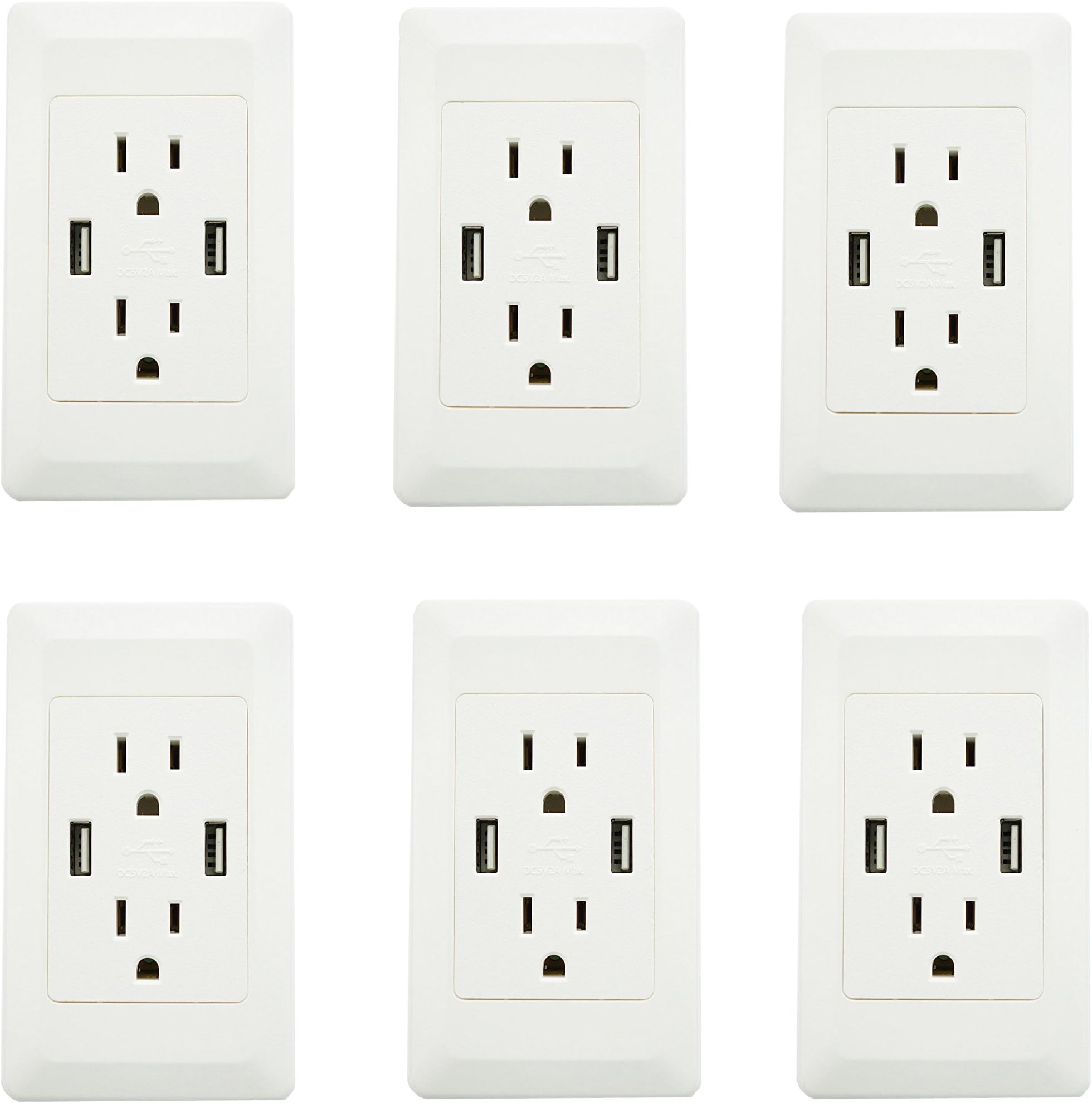 6PK YOPI 2A High Speed Dual USB Phone Pad Charger with 15A Wall Receptacle 2 Outlets Band Panel Faceplate White ETL Listed