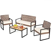 Vista 1 de PHI VILLA Juego de muebles de mimbre de patio para 4, sofá biplaza y sillas de ratán marrón con cojines beige y mesa de centro de madera de acacia