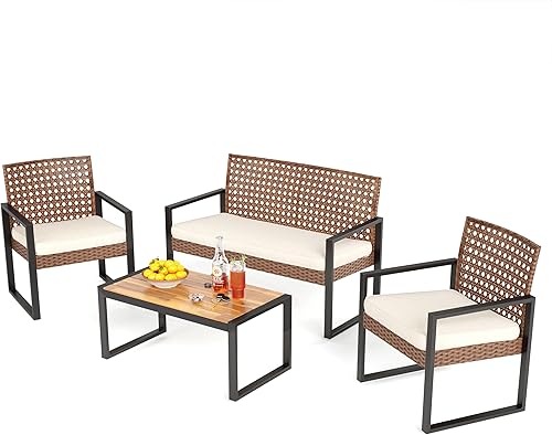 PHI VILLA Juego de muebles de mimbre de patio para 4, sofá biplaza y sillas de ratán marrón con cojines beige y mesa de centro de madera de acacia,
