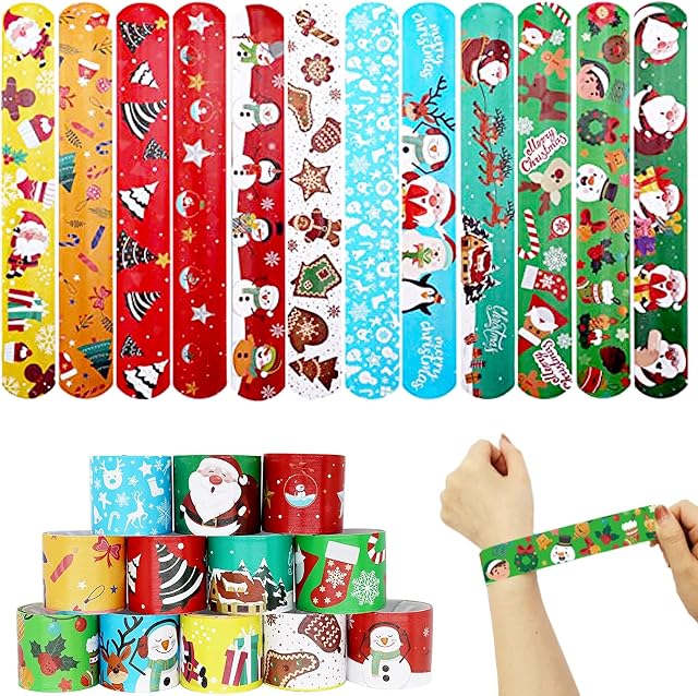Christmas Slap Bracelet, KY-Tech 24pcs Christmas Slap Bands Christmas Wristbands Snap Bands Christmas Party Bag Fillers Christmas Party Favours Classroom Gifts Christmas Gifts for Kids (B-24PCS)