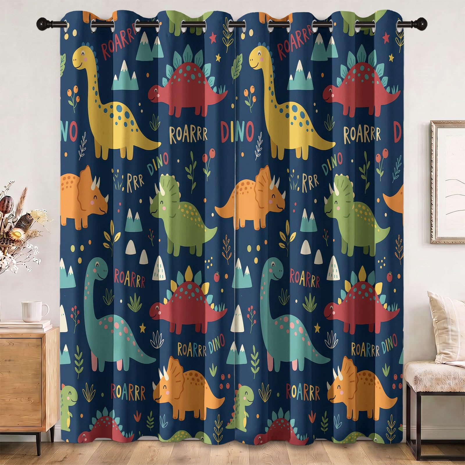 Rideaux pour Enfants 117L X 183H cm (2 Panneaux), Rideaux Isolant Thermique Motif Scandinave Dinosaure, Décoration de Animé Animal pour Chambre d'enfant Garçon Adolescent Salon Fenetre, Bleu Foncé