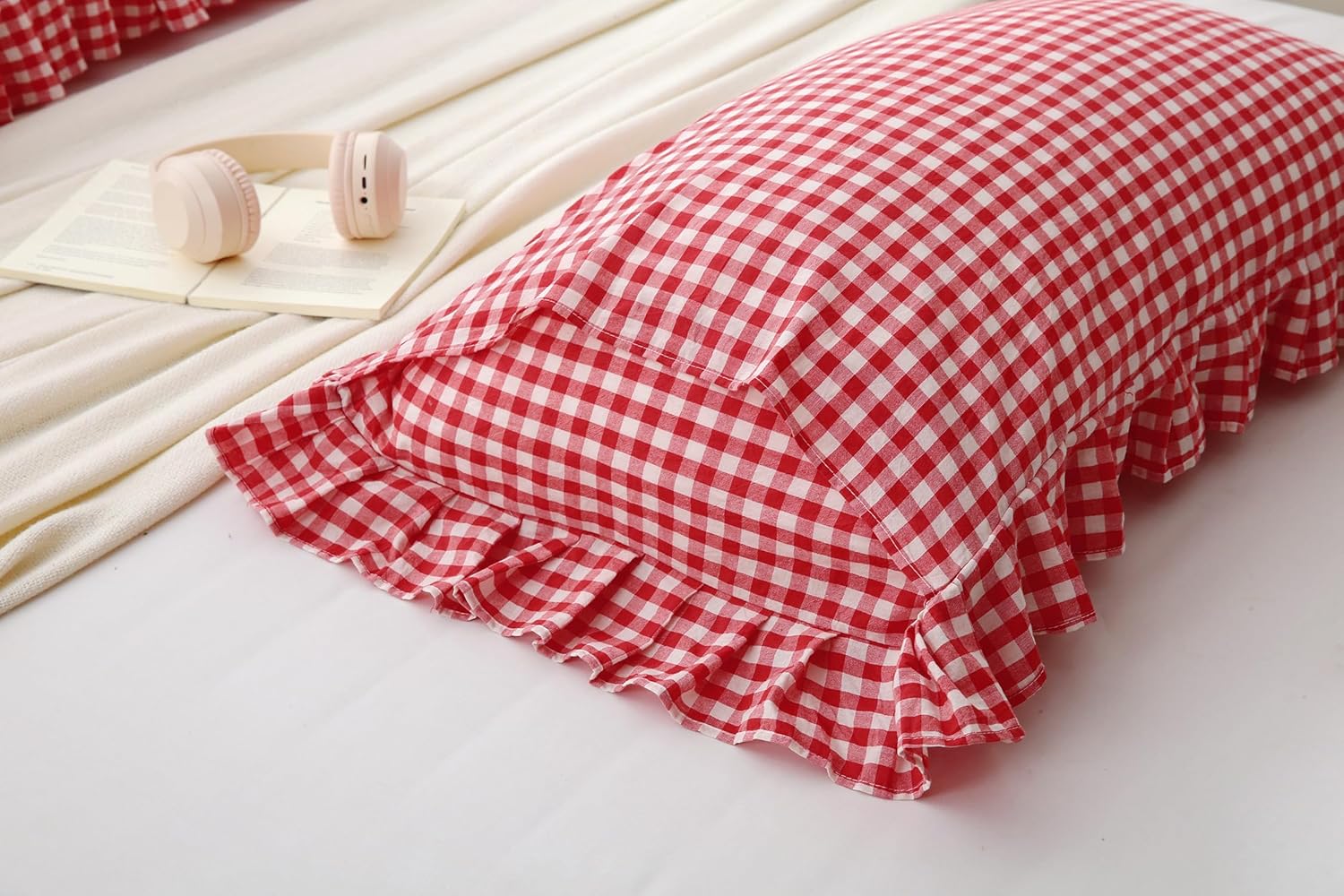 Red White Plaid Ruffles Pillow Shams Checkered Pillowcases Gingham Queen Size Pillow Cases Washed Cotton Farmhouse Cottage Pillow Covers for Bed/Sofa(20X30inches,Red/White Plaid),2 Pack