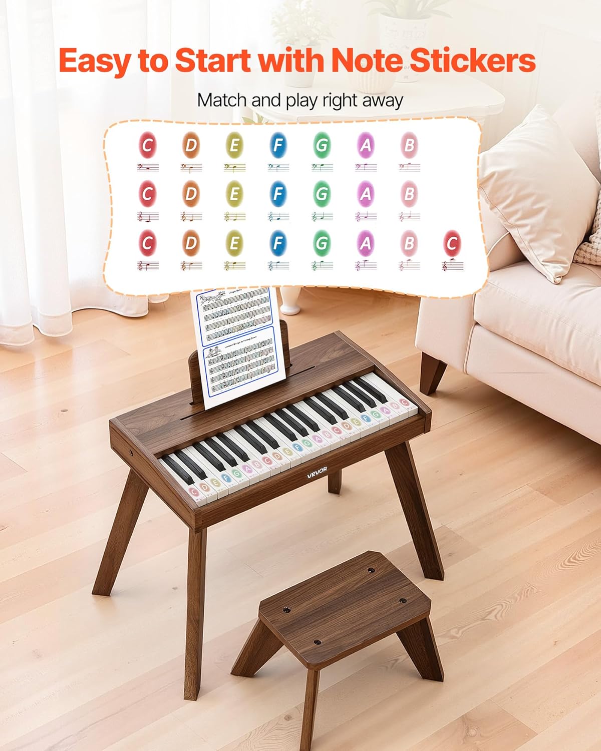 VEVOR Kids Piano Keyboard, 37 Key Wooden Digital Piano for Kids, Mini Music Educational Instrument Toy Set with Realistic Sound, Dual Power, Adjustable Volume for Toddlers, Boys Girls Learning,Walnut