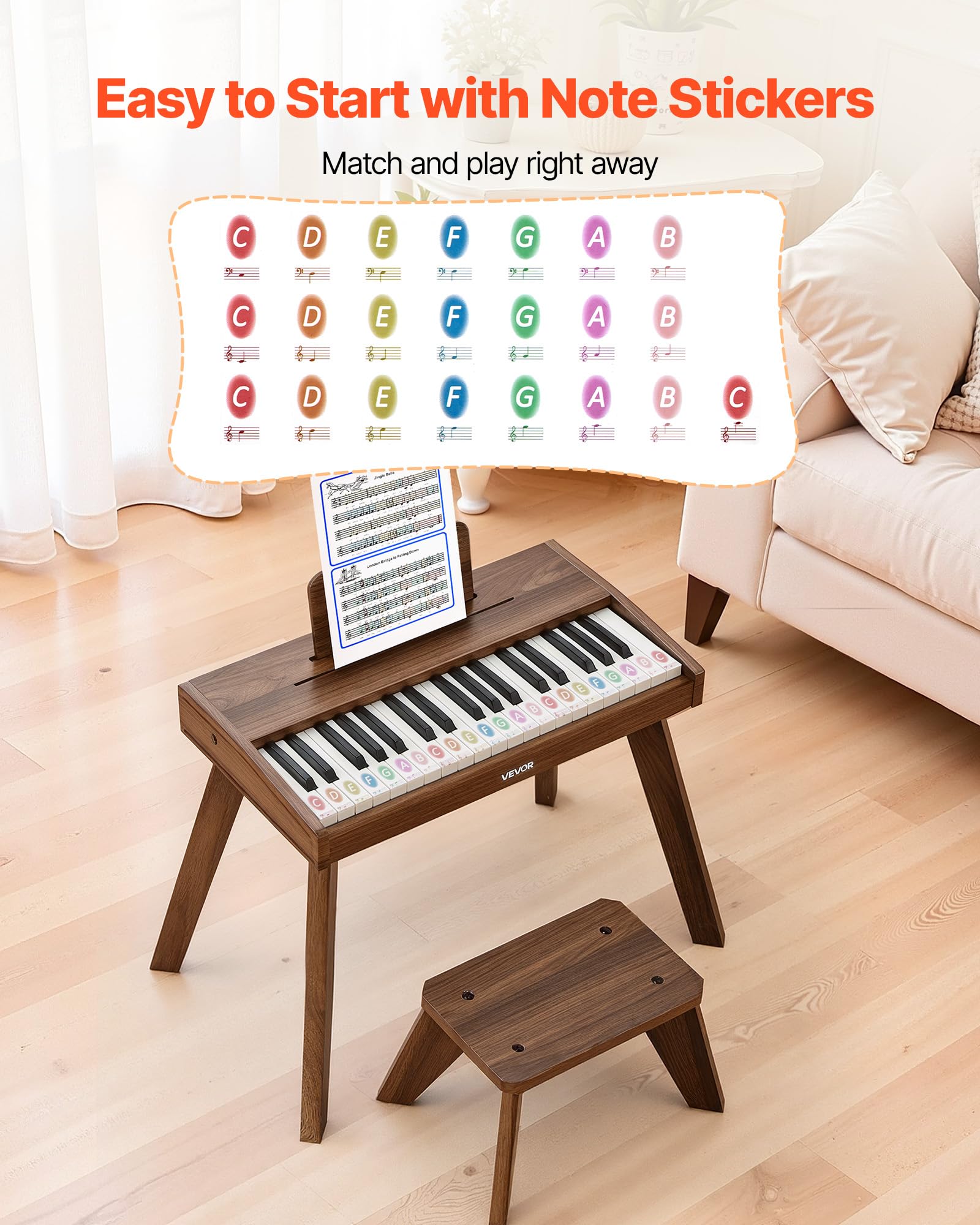 VEVOR Teclado de Piano Infantil 37 Teclas de Madera con Silla, Piano Electrónico para Niños 3-10 Años, Volumen Ajustable, USB-C o Pilas, con Pegatinas de Notas y Hojas de Práctica para Viaje Casa Aula — view 6