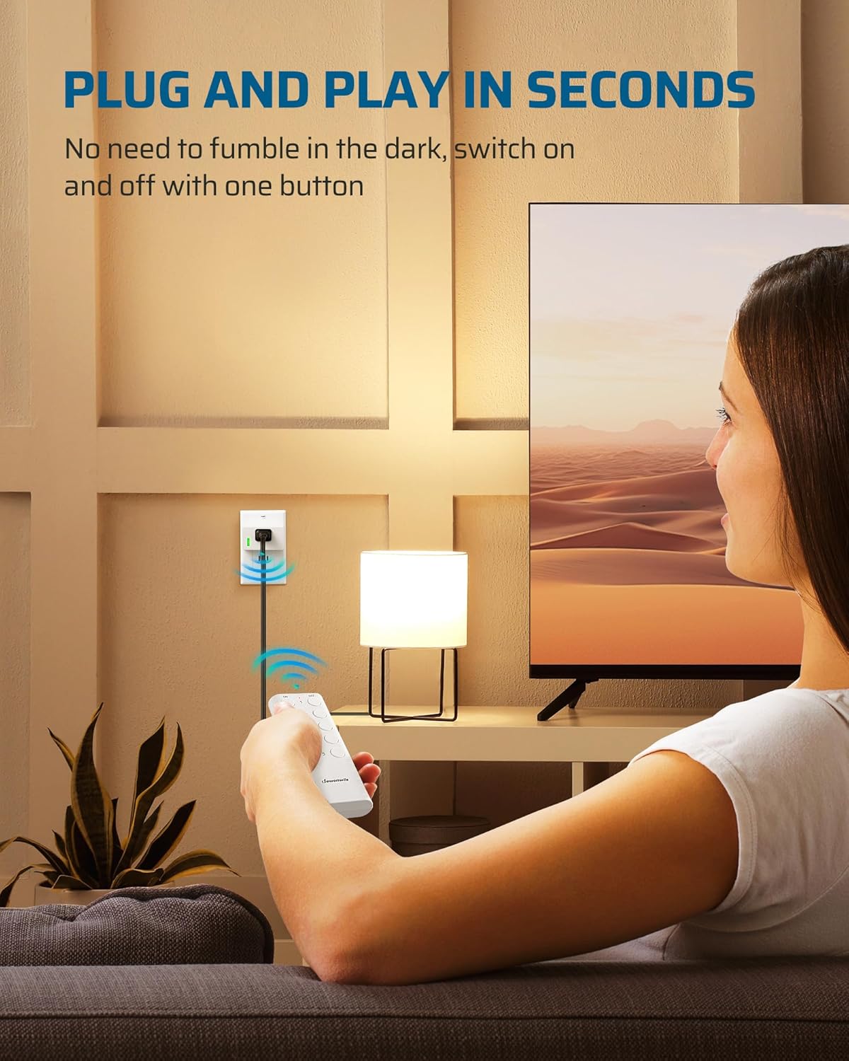Hand holding remote control, turning on a lamp plugged into a DEWENWILS outlet