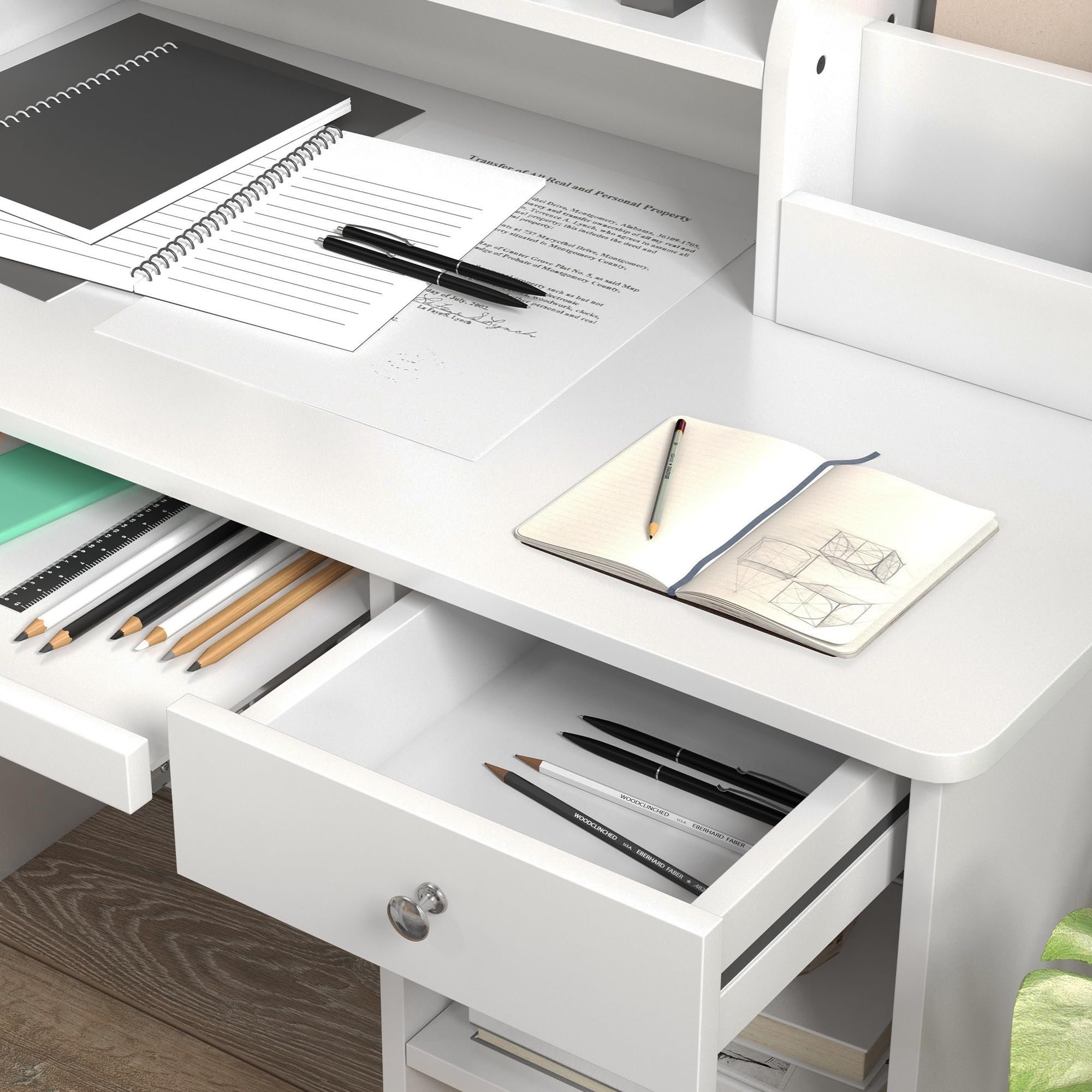 ZONEKIZ Tavolo Scrivania per Bambini con Sedia, Banco Scuola per Bambini da 5 a 8 Anni in Legno con Scaffale e Seggiola, Bianco