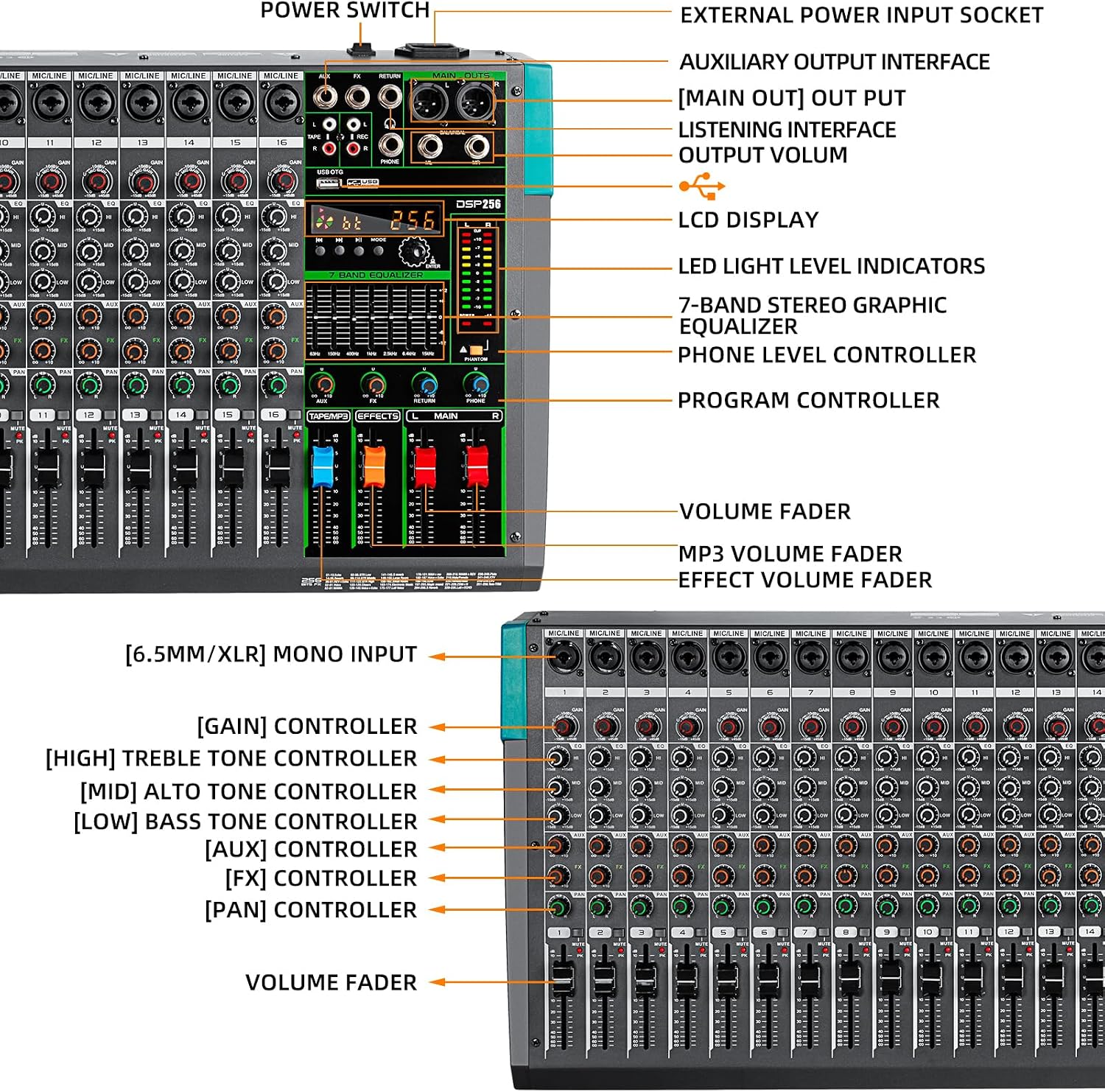 Depusheng PA16 Professional Audio Mixer Sound Board Console Desk System Interface 16 Channel Digital USB Bluetooth MP3 Computer Input 48V Phantom Power Built-in 256 Reverb Effect, Black