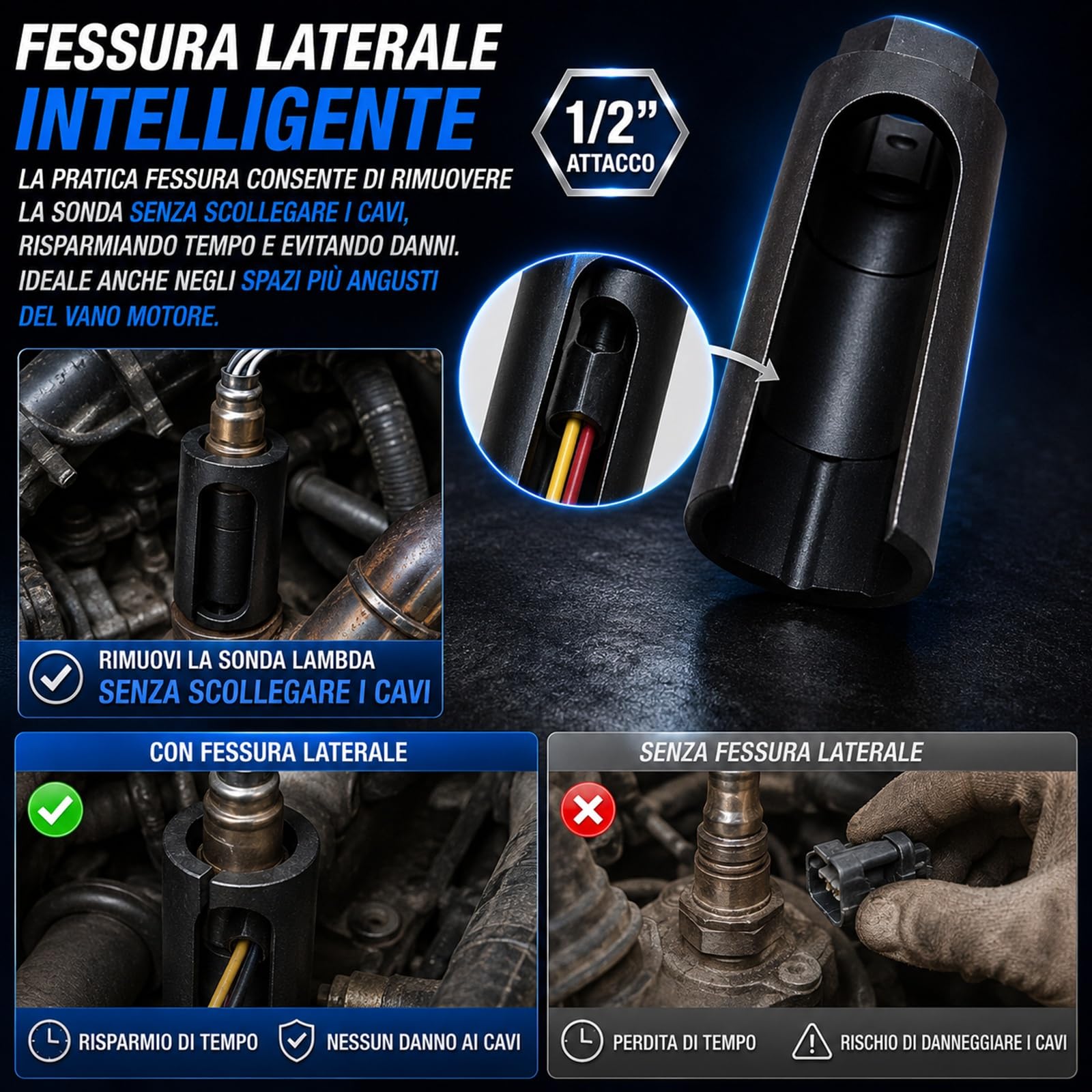 topolenashop Chiave a Bussola Esagonale 22mm 1/2” per Sonda Lambda Lunga – Utensile Professionale per Sensore Ossigeno Auto e Moto in Acciaio Cr-V – Strumento per Rimozione Sonda Codice 134422