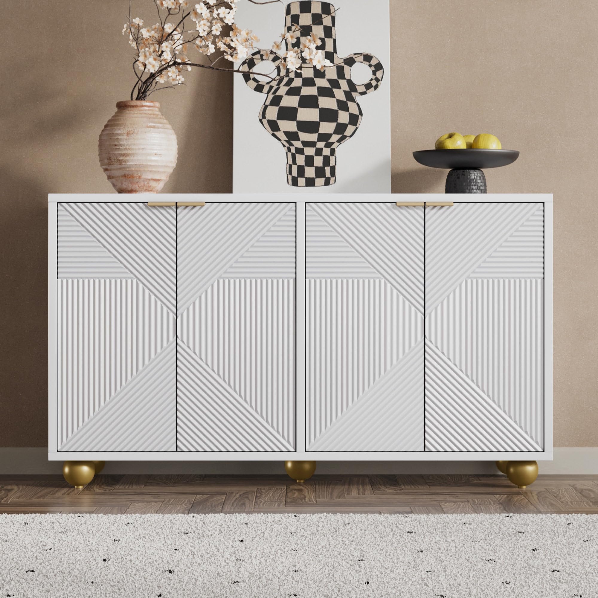 Credenza, Madia Soggiorno con 4 Ante dal Design Unico Scanalato, Ripiani Interni Regolabili, Maniglie in Metallo Dorato e Piedini Sferici, Mobile Cucina,Moderno Armadietto Multifunzionale,Nera/Bianco